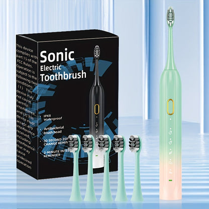 Sonic Electric Toothbrush IPX8 Waterproof USB Rechargeable with 5 Replacement Brush Heads, Smart Timer, Metal Shaft, Couple Design for Adults Men & Women — Black, Green Pink, Pink White