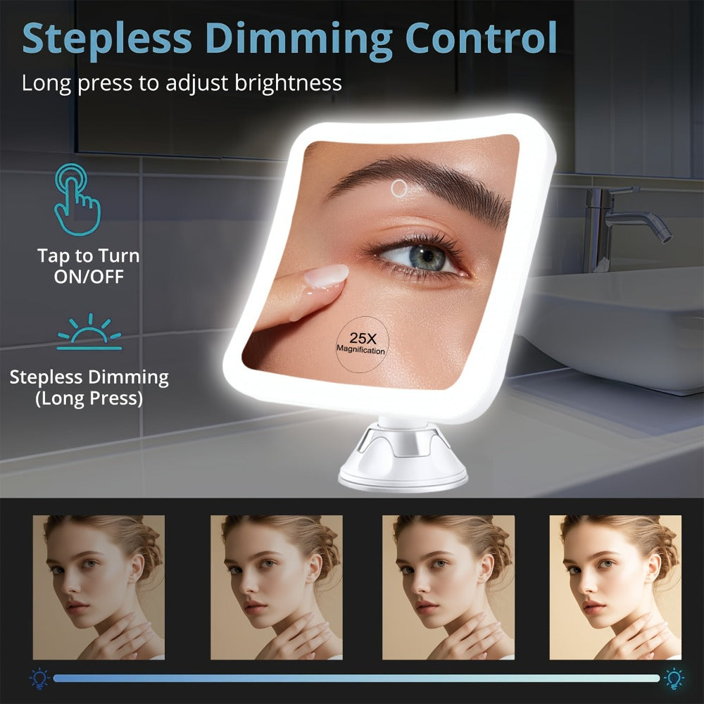 25X Magnifying Mirror with LED Light Suction Cup Mount, Lighted Makeup Mirror 360° Rotation Touch Control 3 Color Modes 2000mAh Rechargeable for Bathroom Vanity Eyebrow Skincare, Tweezer Gift Set