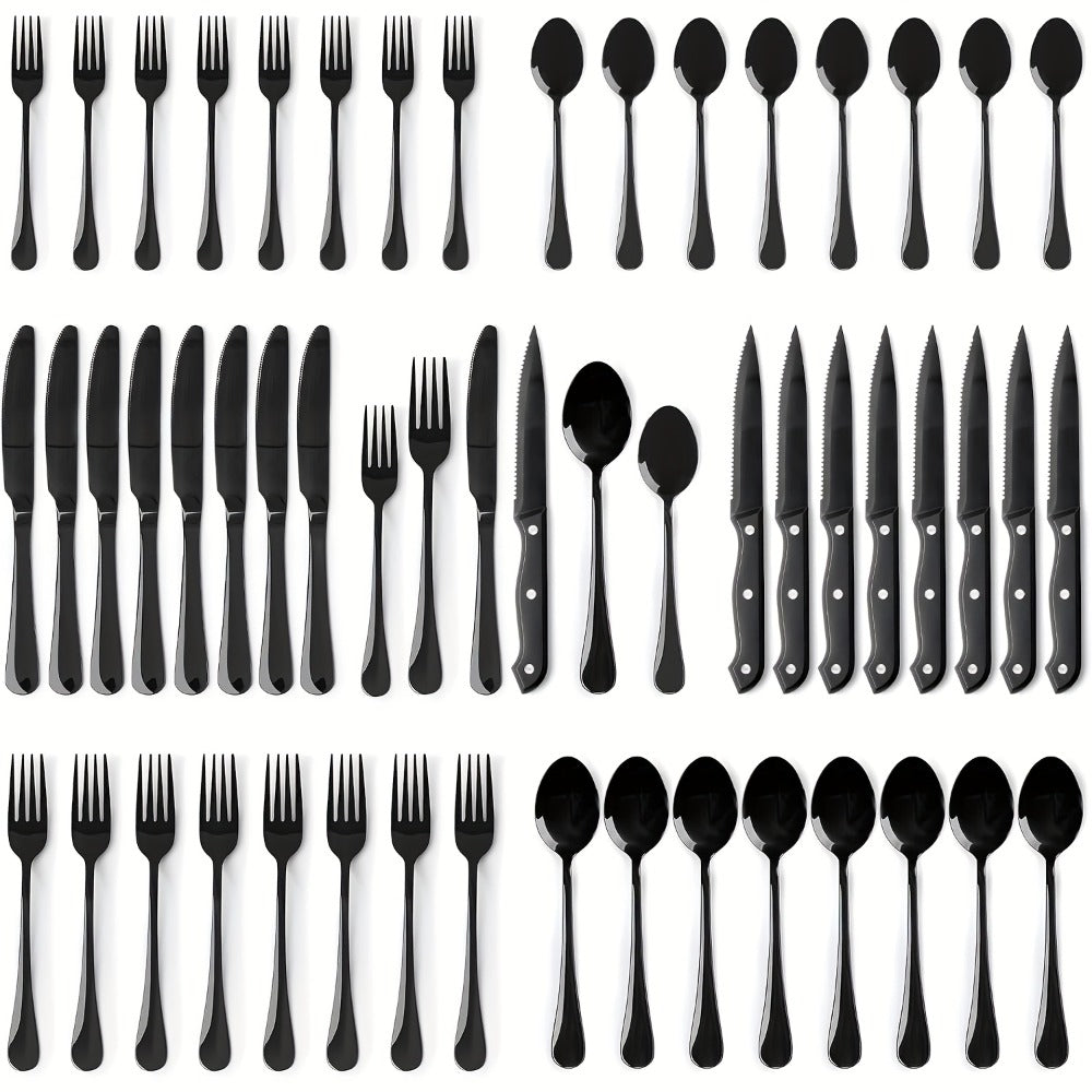 Stainless Steel Flatware Set with Steak Knives – 24/48 Piece Silverware Set Service for 4 or 8, Mirror Polished Cutlery, Dishwasher Safe, Silver & Black