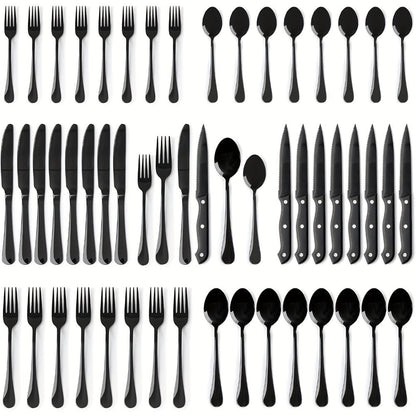 Stainless Steel Flatware Set with Steak Knives – 24/48 Piece Silverware Set Service for 4 or 8, Mirror Polished Cutlery, Dishwasher Safe, Silver & Black