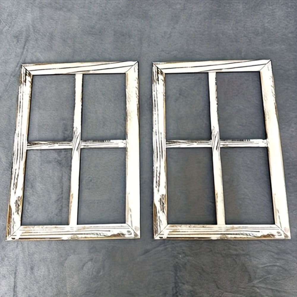 Distressed Wood Window Frame Wall Decor, Two-Piece Set in Rectangular or Arched Styles without Glass