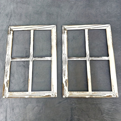 Distressed Wood Window Frame Wall Decor, Two-Piece Set in Rectangular or Arched Styles without Glass