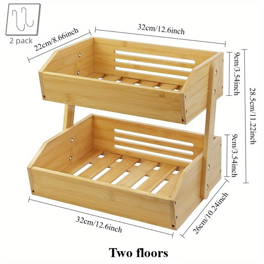 Fruit Rack Kitchen Organizer 2 or 3 Tier Natural Bamboo Freestanding Basket Shelf with Two Hooks