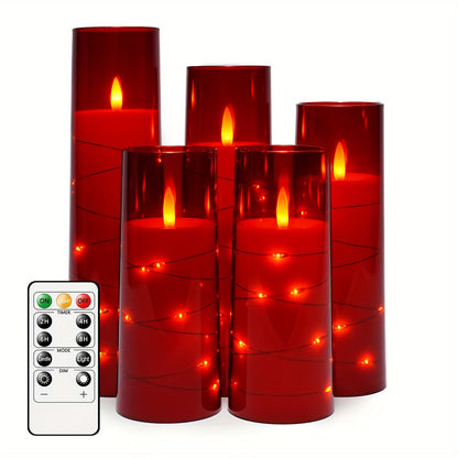 Flameless LED Candles with Remote Control Timer and Star String Lights Set of 5 or 7 Pillar Candles for Wedding Garden Home Decor Anniversary Gift Grey Ivory Gold Red