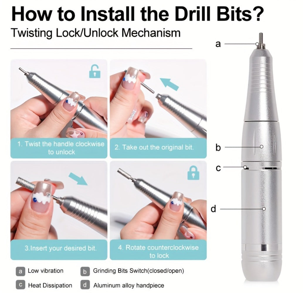 Electric Nail Drill 45000 RPM Cordless Kit with Power Display, Adjustable Speed and Three Colors