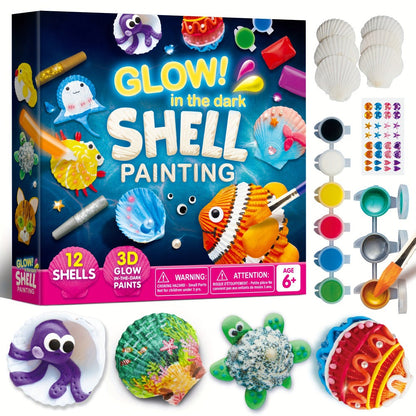 Seashell Painting Craft Kit with 12 Shell Forms, Glow-Labeled Paints, Brushes, Gems and Stickers
