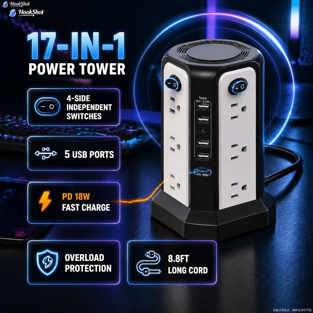 Power Strip Tower with 12–16 AC Outlets, 4 USB-A, PD 20W USB-C and 1500J Surge Protection for Home Office Charging