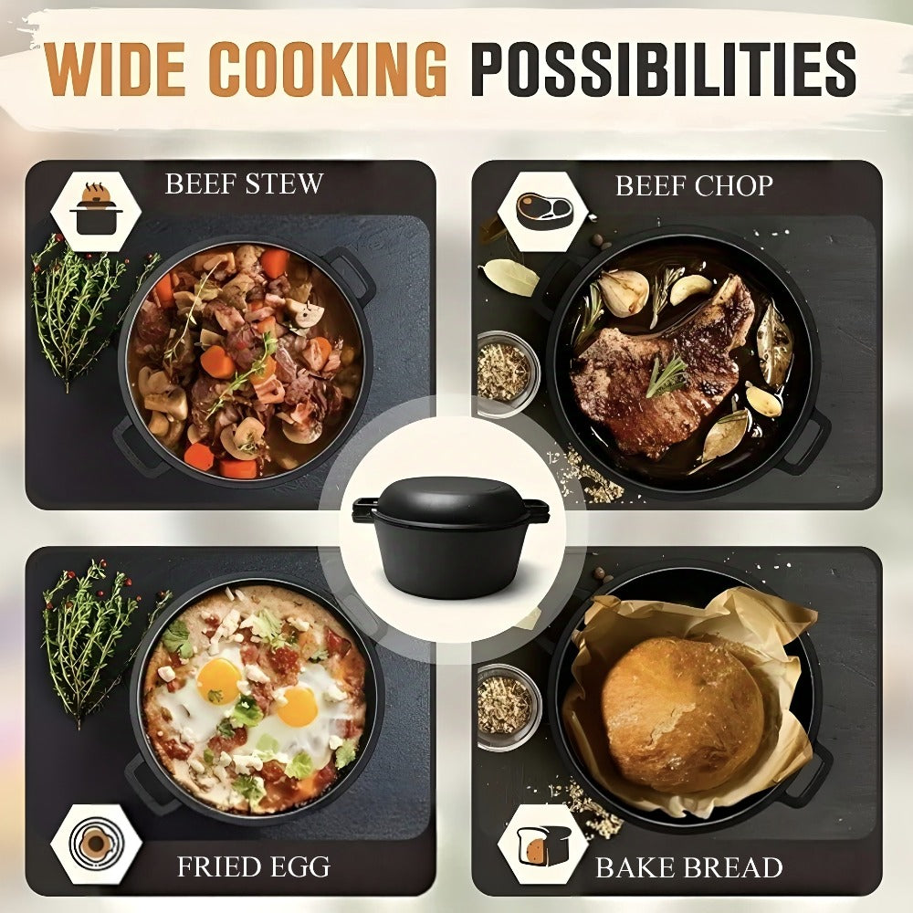 Cast Iron Dutch Oven Set 5.1QT & 7QT with Skillet Lid – Pre-Seasoned 2-in-1 Cookware for Stovetop, Induction, Oven, Campfire & BBQ, Sourdough Bread Baking, Frying, Camping