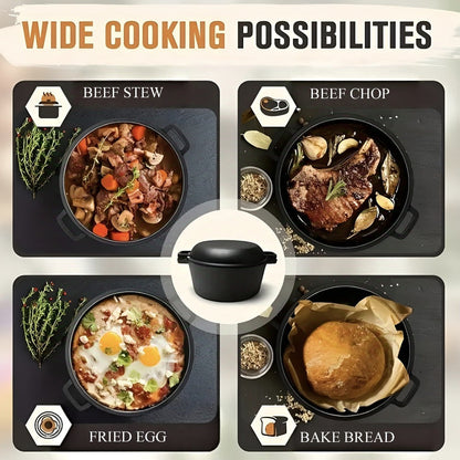 Cast Iron Dutch Oven Set 5.1QT & 7QT with Skillet Lid – Pre-Seasoned 2-in-1 Cookware for Stovetop, Induction, Oven, Campfire & BBQ, Sourdough Bread Baking, Frying, Camping