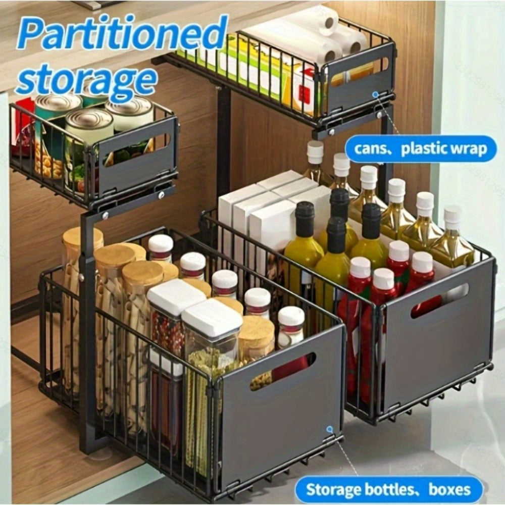 Two-Tier Under-Sink Cabinet Organizer with Sliding Metal Baskets in One- or Two-Piece Options