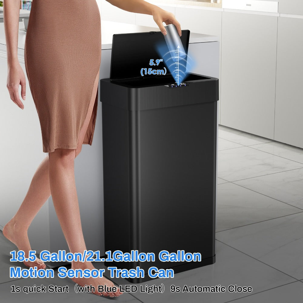 Touchless Trash Can with Motion Sensor 18.5 Gallon 60L, -Close Lid, Brushed Stainless Steel, Bag Holder