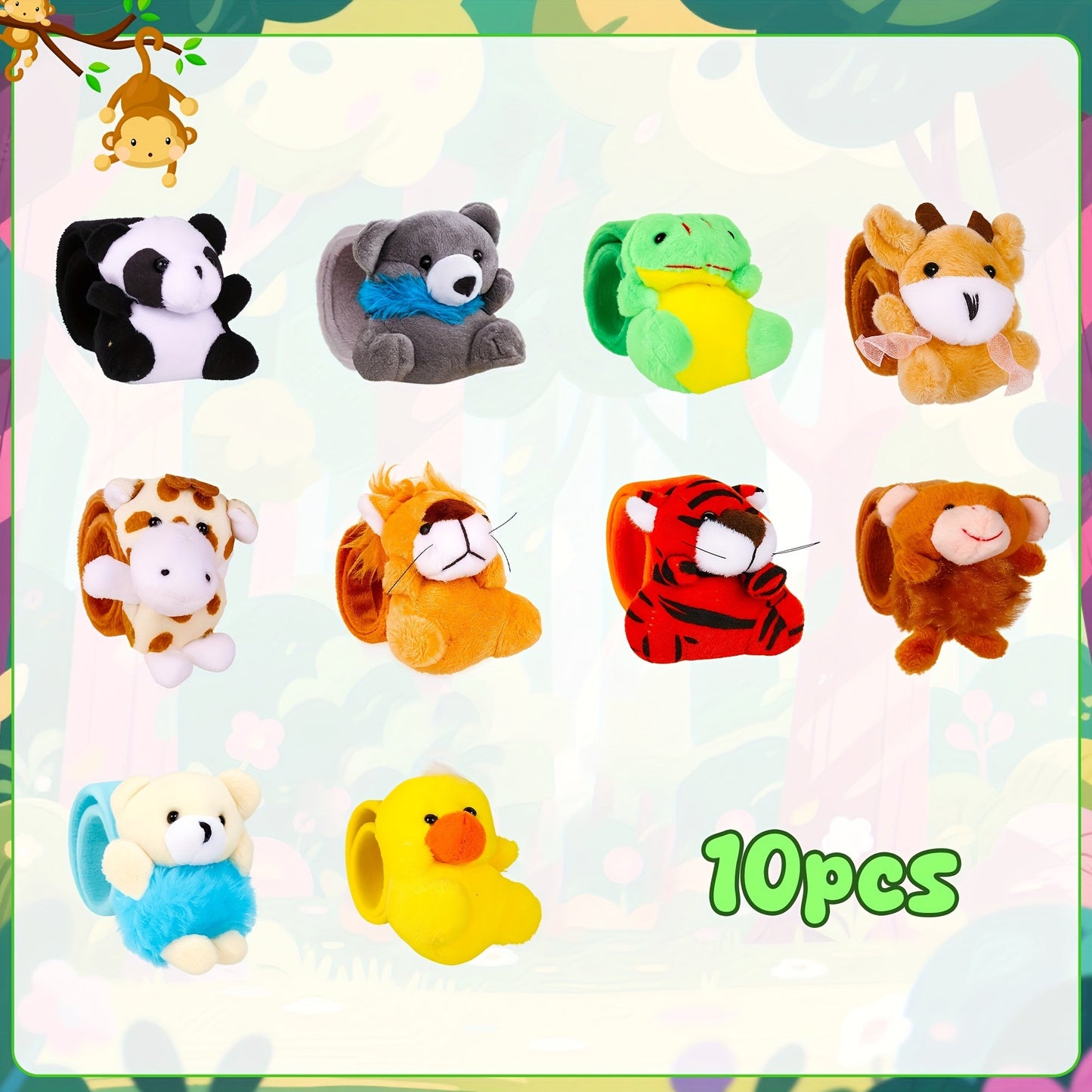 Plush Animal Slap Bracelet Assortments in 6-, 10-, 15- or 30-Piece Checkout Packs for Party Favors