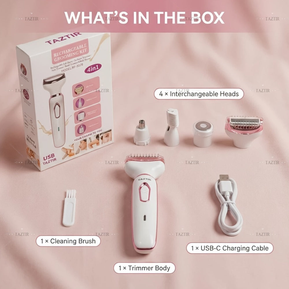 Electric Shaver 4-in-1 Women’s Grooming Kit with USB Charging for Face, Nose, Legs, Underarms and Bikini