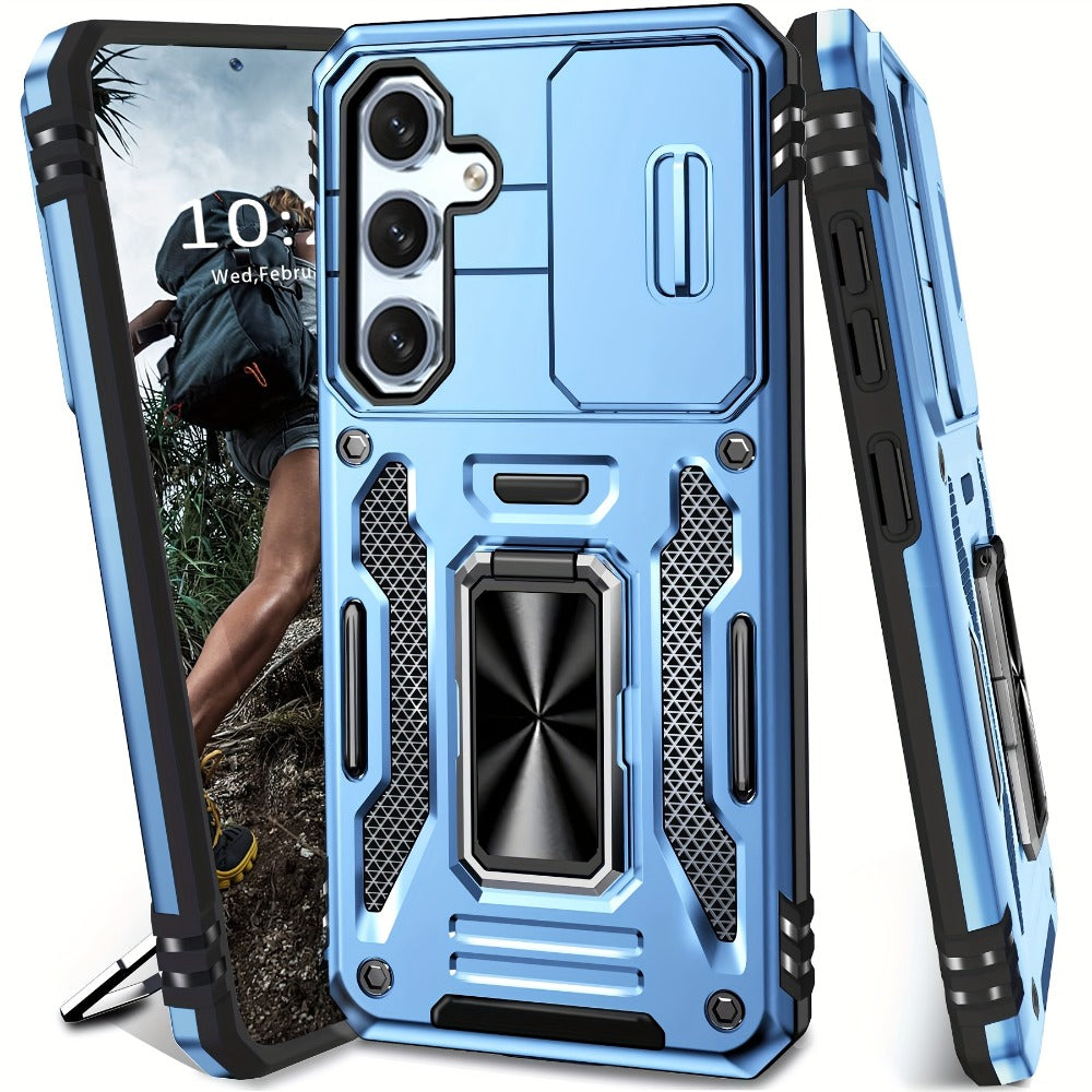 Samsung Galaxy Shockproof Magnetic Phone Case with 360° Rotating Ring Bracket & Sliding Lens Protector – Heavy Duty Cover for S24FE S23FE S22 S21FE Ultra A55 A54 A35 A34 A25 A24 A16 A15 A14 A06 A05 A05S 5G