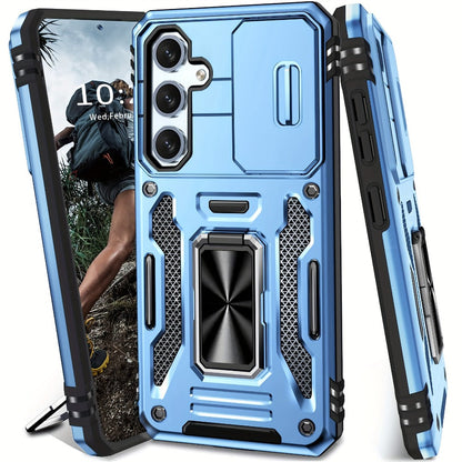 Samsung Galaxy Shockproof Magnetic Phone Case with 360° Rotating Ring Bracket & Sliding Lens Protector – Heavy Duty Cover for S24FE S23FE S22 S21FE Ultra A55 A54 A35 A34 A25 A24 A16 A15 A14 A06 A05 A05S 5G