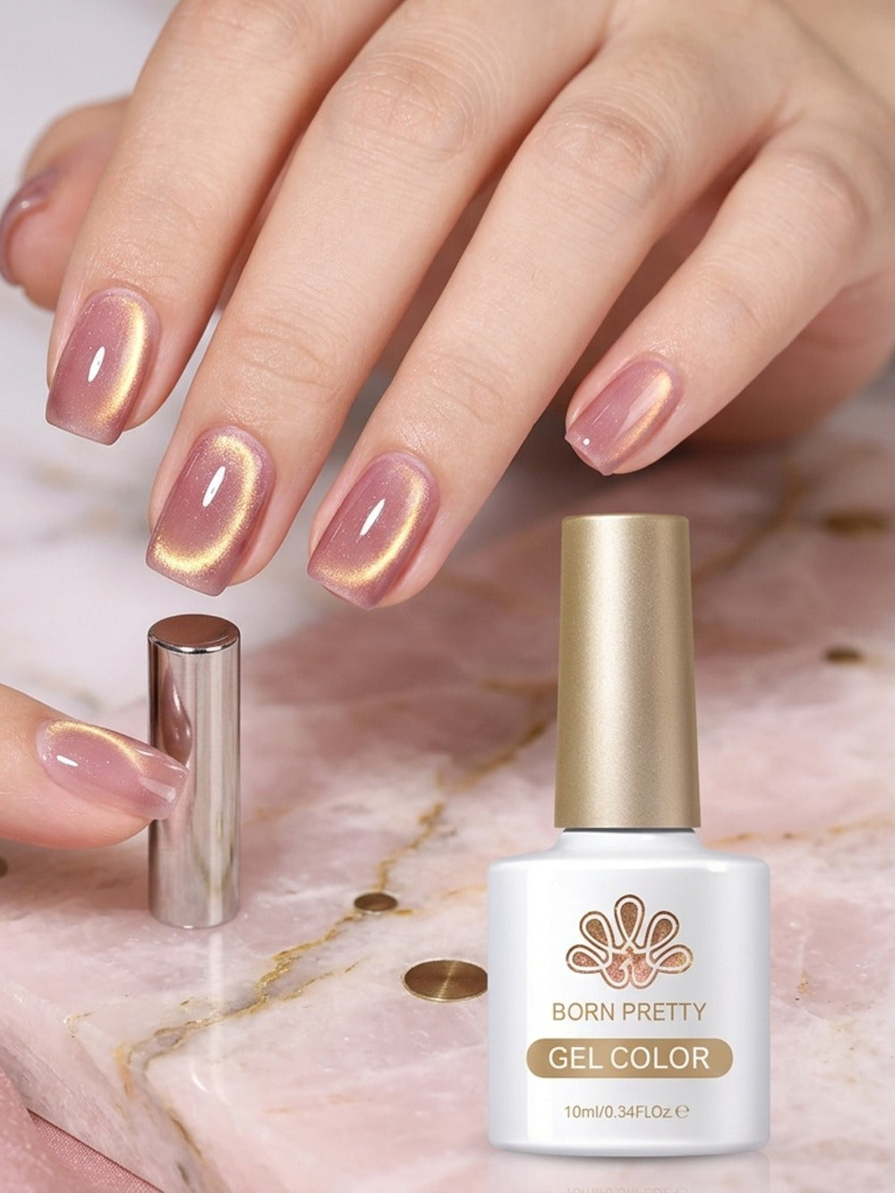 Gel Nail Polish – Cat Eye Magnetic Set BORN PRETTY Nude Golden Glitter 2 Colors Ultra Shine Semi-Permanent UV LED Soak Off Long Lasting…