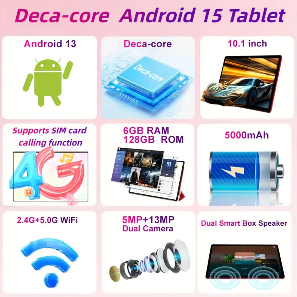 Android Tablet 10.1-Inch with Android 13, 6GB Total RAM, 128GB Internal Storage and Dual 4G LTE SIM
