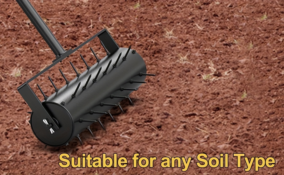 Seventeen-Inch Manual Lawn Punch Aerator with Long Black Handle and Visible Spiked Roller Design