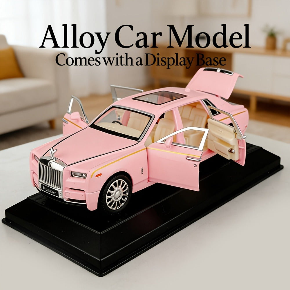 Collectible Zinc Alloy Diecast Car Model with Display Base and Opening Doors in White, Black or Pink