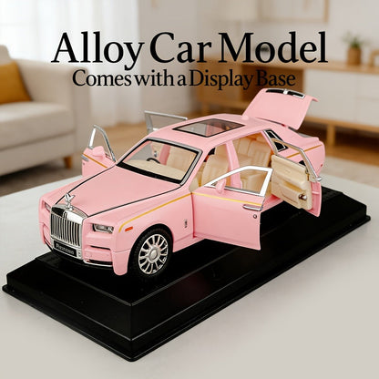 Collectible Zinc Alloy Diecast Car Model with Display Base and Opening Doors in White, Black or Pink