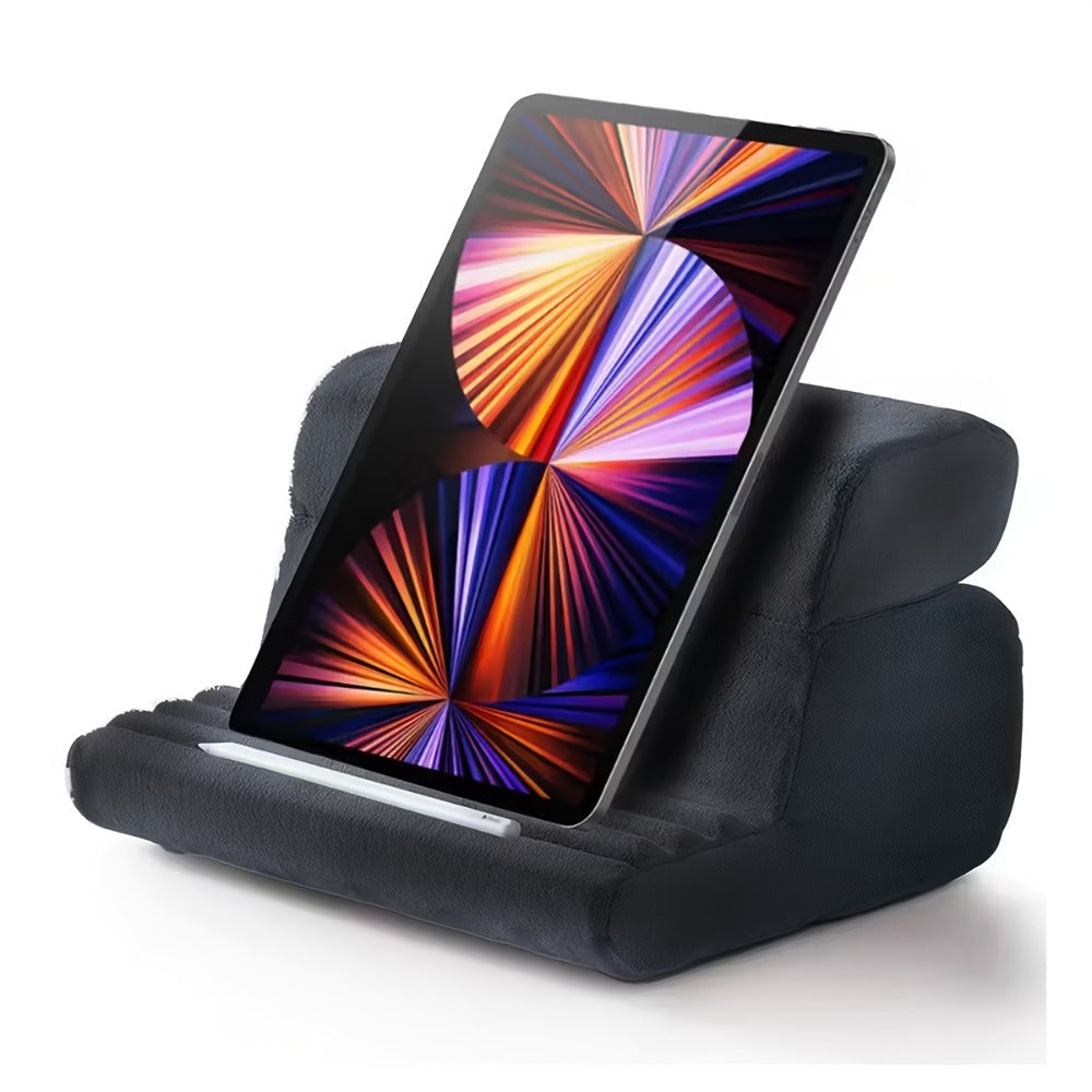 Soft Foldable Tablet Pillow Stand in Black or Blue with Three Viewing Faces, Storage Pockets and 242 × 186 × 290 mm Label