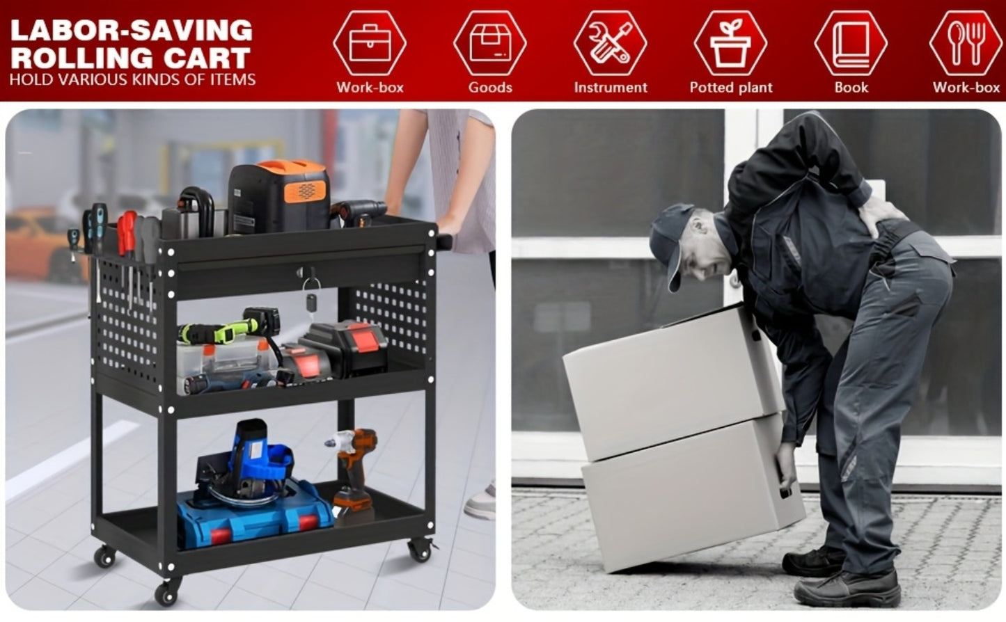 Rolling Tool Cart 3-Layer with Drawers & Screw Box Storage, Heavy-Duty Mechanic Trolley on Wheels for Garage Workshop Repair Shop, 400LBS / 450LBS / 550LBS Load Capacity, Industrial Tool Organizer