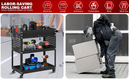 Rolling Tool Cart 3-Layer with Drawers & Screw Box Storage, Heavy-Duty Mechanic Trolley on Wheels for Garage Workshop Repair Shop, 400LBS / 450LBS / 550LBS Load Capacity, Industrial Tool Organizer