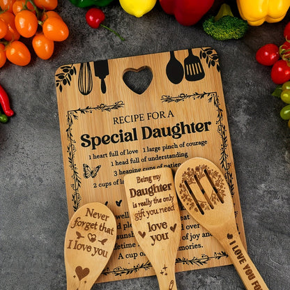 Engraved Bamboo Cutting Board Gift Set for Daughter, Recipe for a Special Daughter Kitchen Utensil Set, Personalized Birthday Christmas Gifts for Daughter from Mom Dad, Unique Sentimental Kitchen Gift