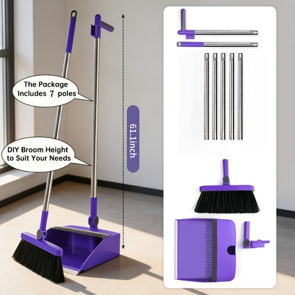 Broom and Dustpan Set with Long Handle - 2-in-1 Upright Sweeping Broom with Comb Teeth, Pet Hair Removal Floor Cleaning Tool for Home Office School Dorm Outdoor - Blue Orange White Purple Green