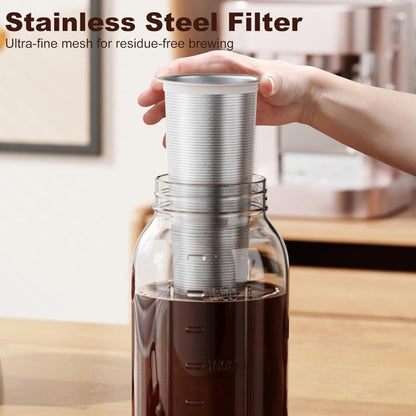 Cold Brew Coffee Pot Set with Stainless Steel Filters & Cleaning Brush - 32oz Glass Mason Jar Cold Brew Maker for Home, Kitchen & Restaurant, Multi-Serve Cold Brew Pitcher Set for Family & Entertaining