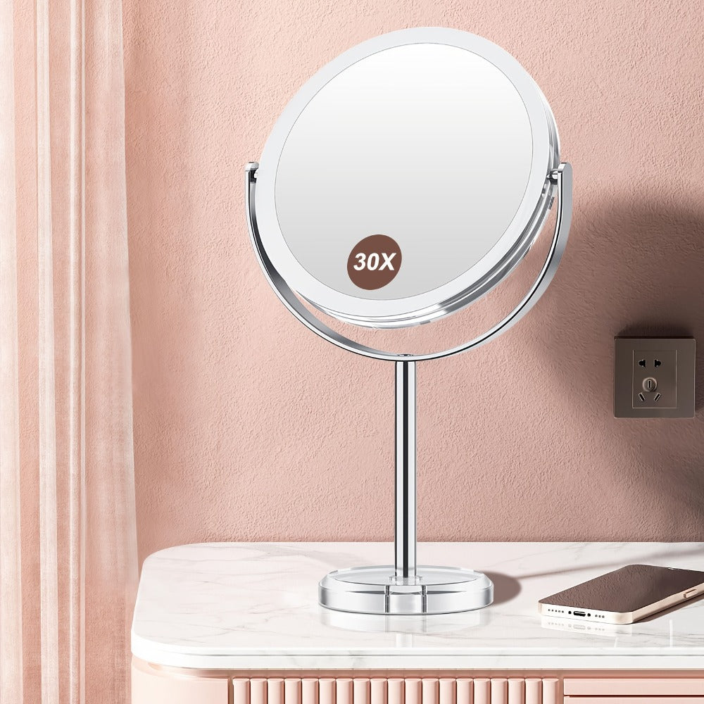 Makeup Mirror Dual-Sided 1X and 30X Round Chrome-Finish Stand with 360° Rotation and Detachable Frame