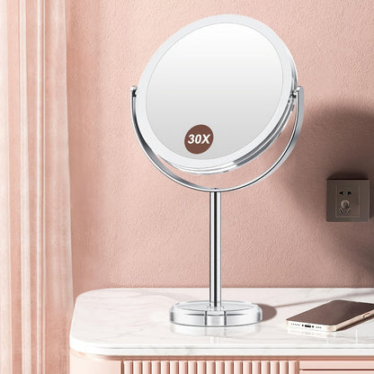 Makeup Mirror Dual-Sided 1X and 30X Round Chrome-Finish Stand with 360° Rotation and Detachable Frame