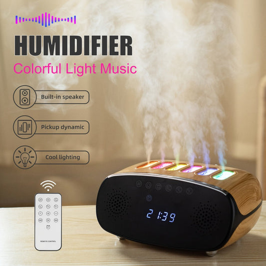 Humidifier with Bluetooth Speaker, LED Alarm Clock, Remote Control and Wood-Grain Desktop Body