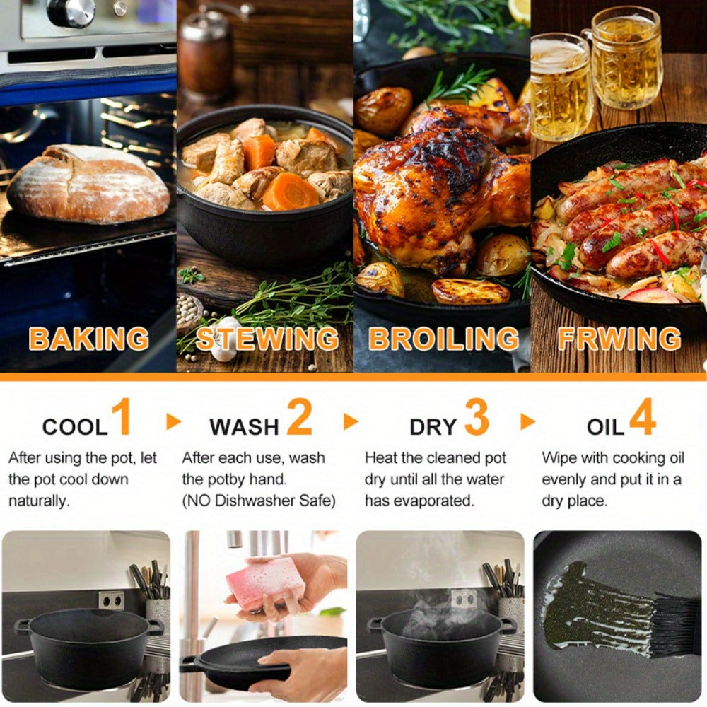 6-Piece Cast Iron Dutch Oven Set with 6.1QT Pot, 1.9QT Skillet Lid, Handle Covers, Support Frame and Scraper