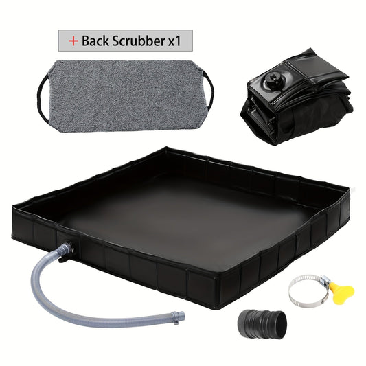 Foldable Shower Base 41"x41" Portable Shower Pan with Drain Pipe – Collapsible Shower Basin for Camping Tent, Indoor & Outdoor Use, Black – Includes Back Scrubber