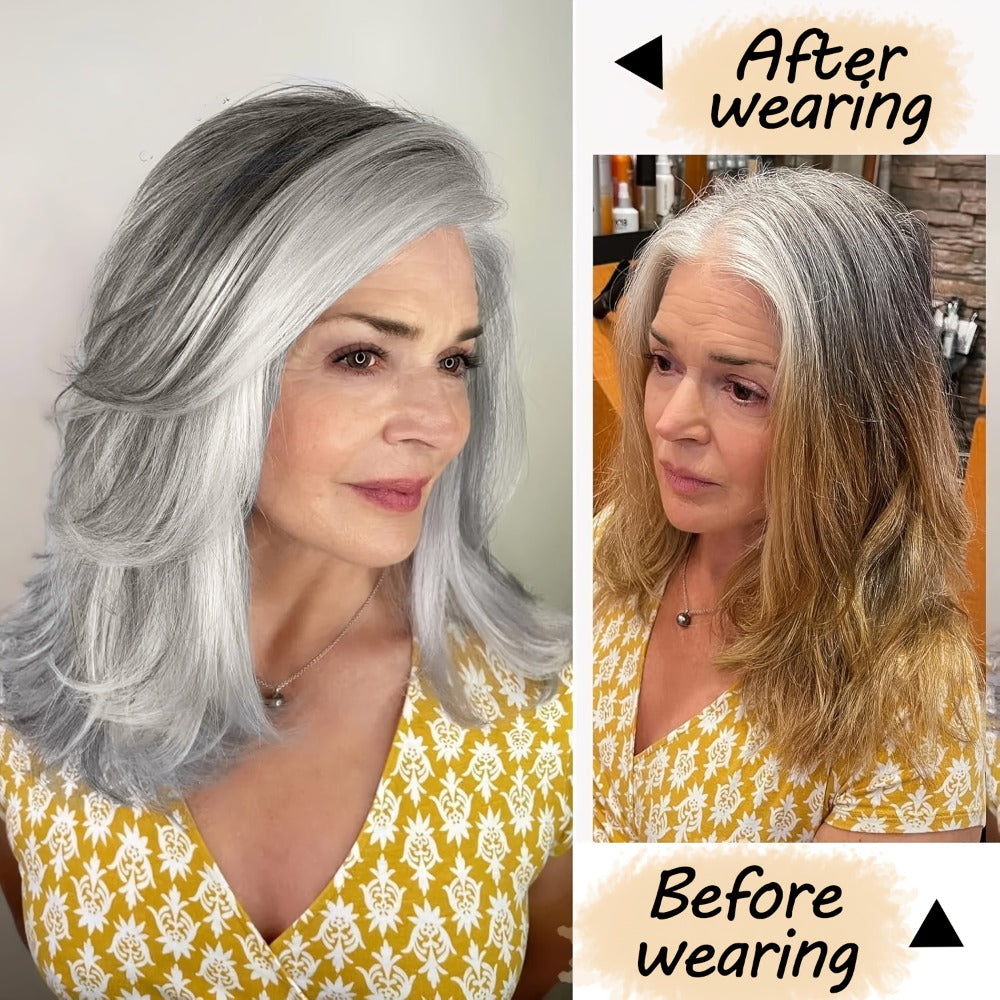 Synthetic Wig 18-Inch Layered Silvery Waves with Highlights in Two Colors and Rose Net Cap