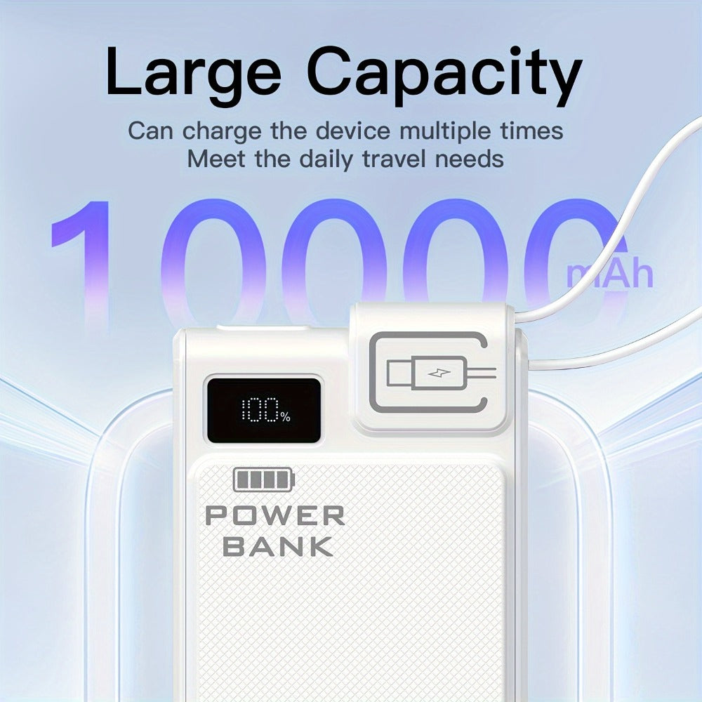 Power Bank 10000mAh 22.5W Fast Charging with Built-in USB-A USB-C Cables – 3 Ports LED Digital Display Portable Charger for iPhone Android Samsung iPad | White Black Green