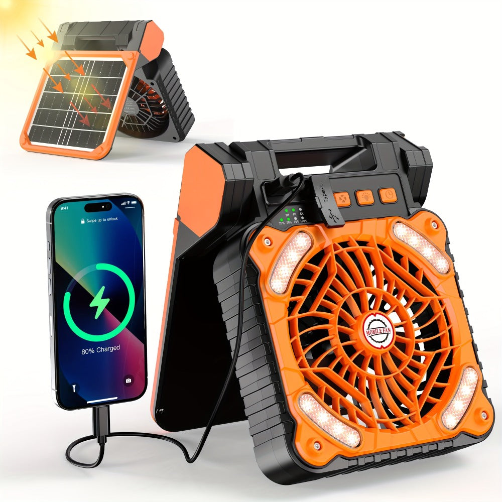 Solar Camping Fan and Light with Folding Panel, USB-C Input, Timer Controls and Three Color Options