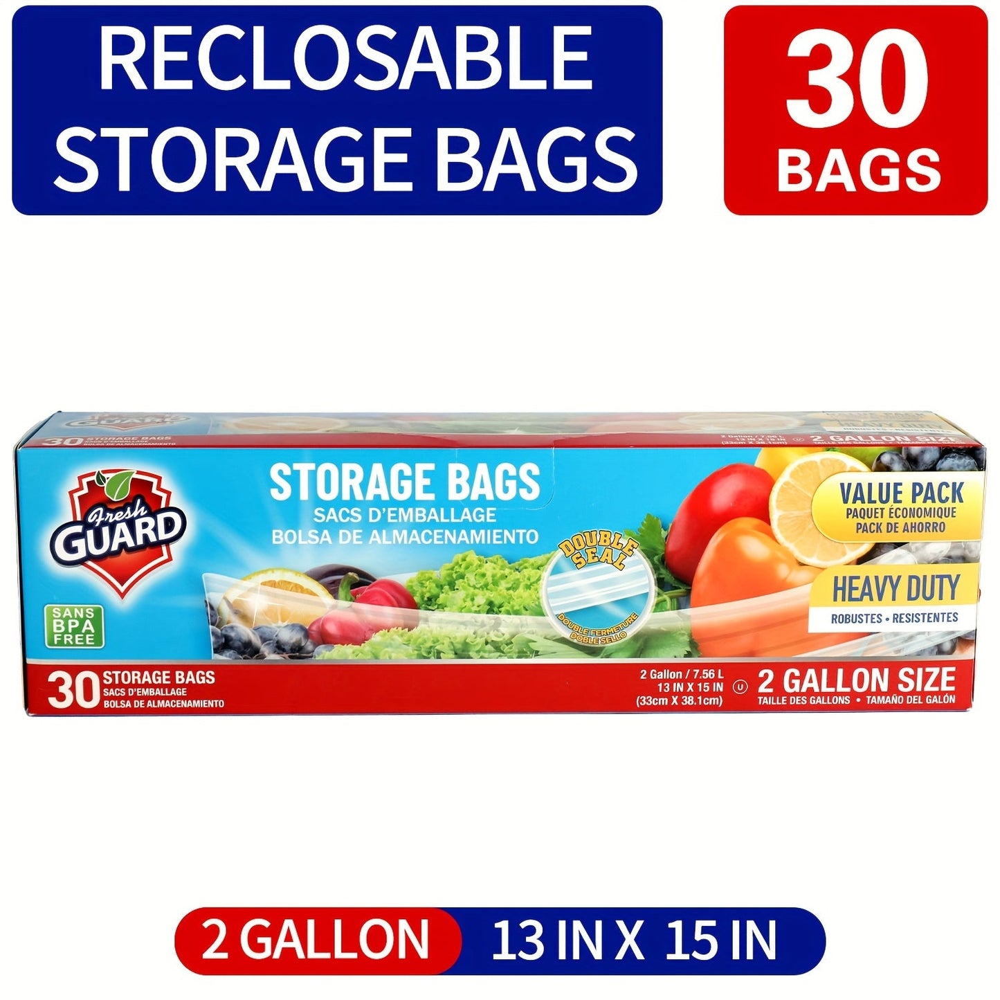Reclosable Kitchen Storage Bags in Quarter-, One- or Two-Gallon Sizes with Five Count and Pack Options