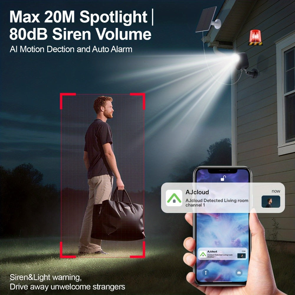 Security Camera 2K Solar Outdoor Model with Color Night Vision, Two-Way Audio, Human-Figure Alarm and Four Bundles