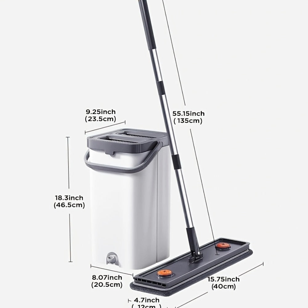 Flat Floor Mop and Double-Compartment Bucket Set with 40 cm Head, Stainless Steel Rod and Two Pads
