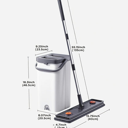 Flat Floor Mop and Double-Compartment Bucket Set with 40 cm Head, Stainless Steel Rod and Two Pads
