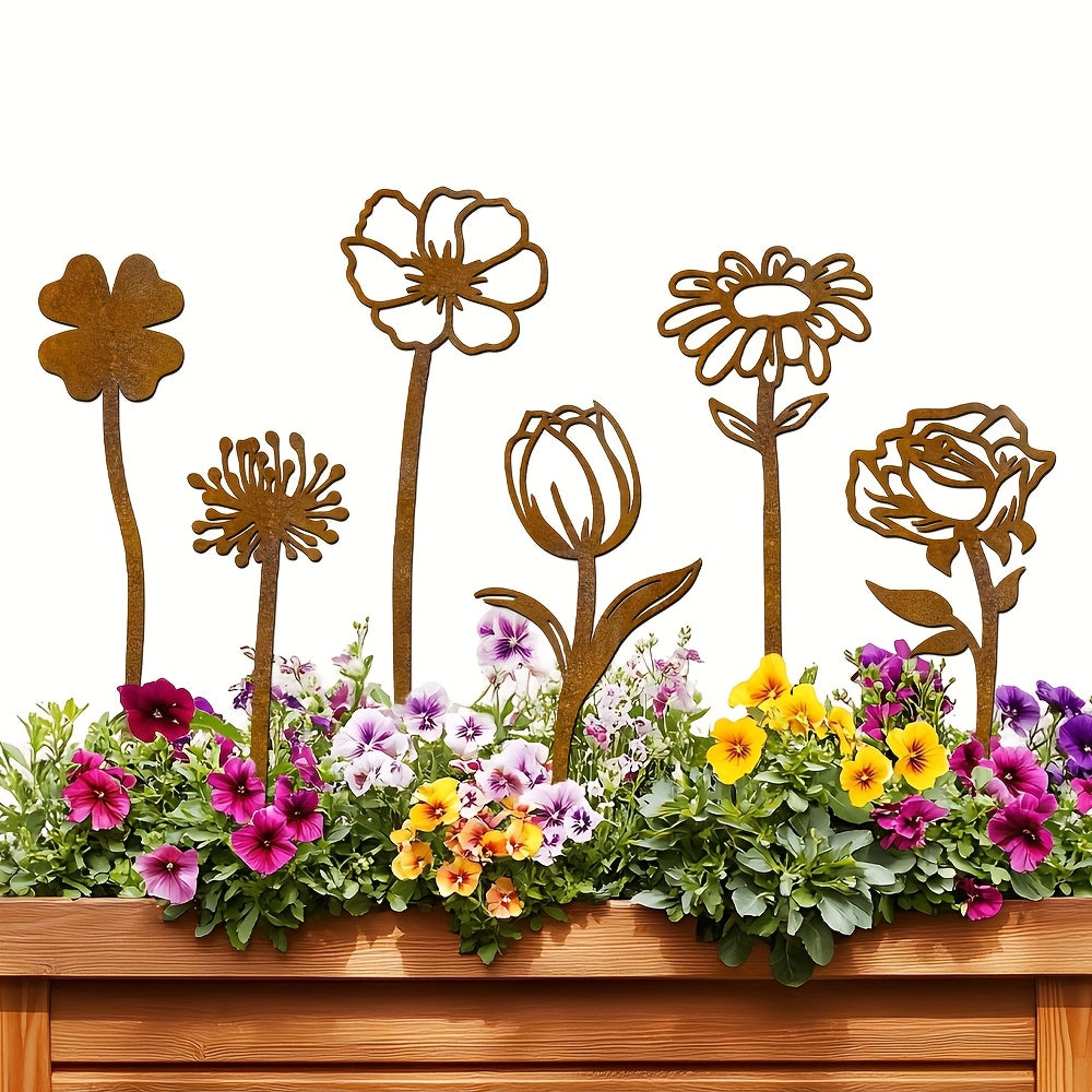 Rustic Flat Metal Flower Garden Stakes, Six-Piece Rose, Daisy and Botanical Set for Pots and Borders