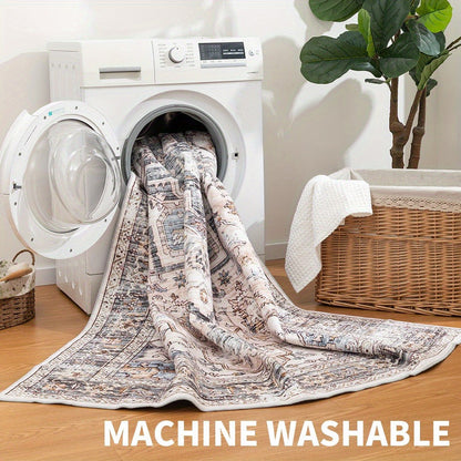 Area Rug Bohemian Retro Design in Beige or Grey with Six Foldable Machine-Washable Room Sizes