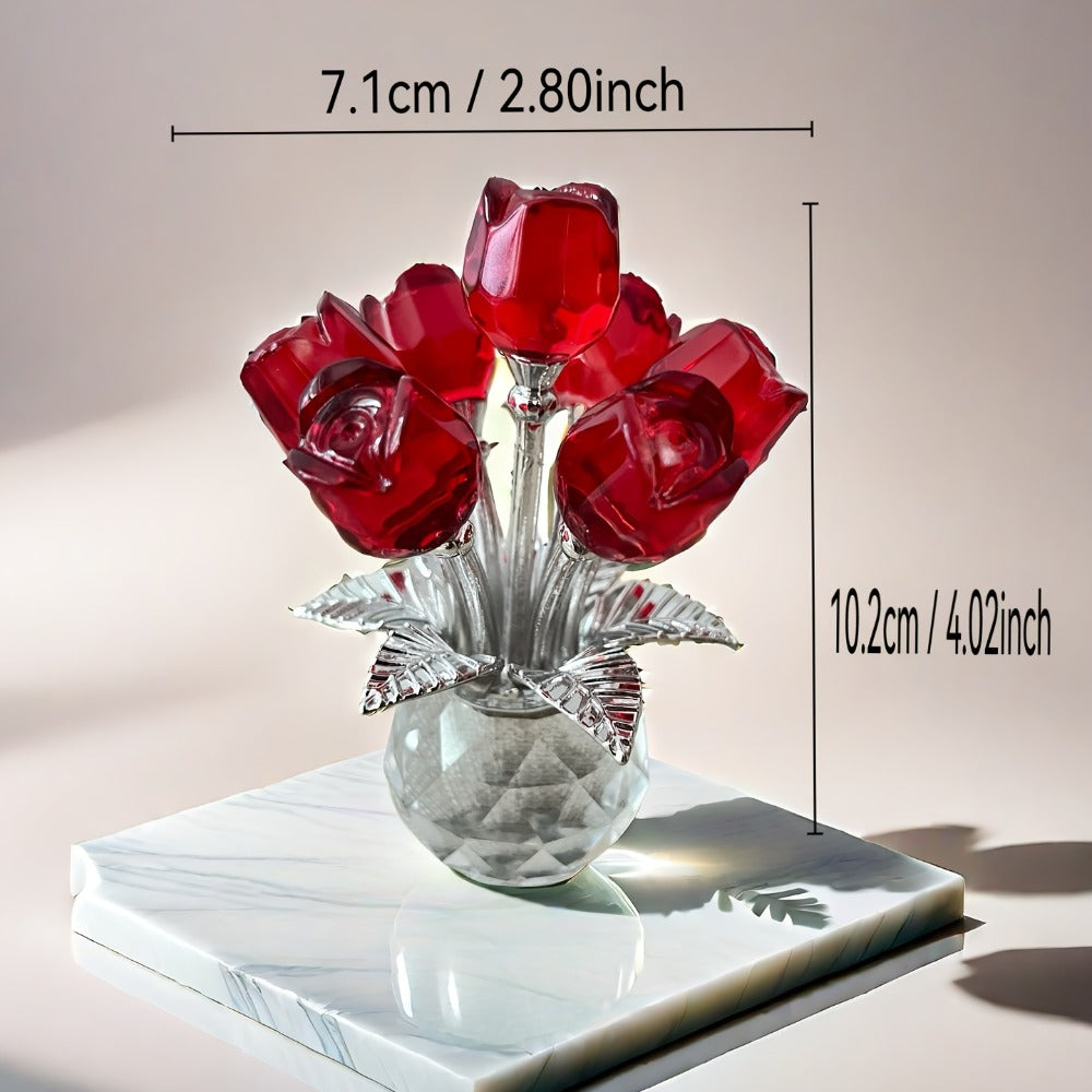 Glass Rose Floral Sculpture in Blue or Purple with Five Faceted Blooms and Silver-Tone Leaves for Display