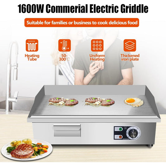 Electric Flat Top Grill 14"/22", Commercial Teppanyaki Griddle, Non-Stick Cast Iron Cooking Surface