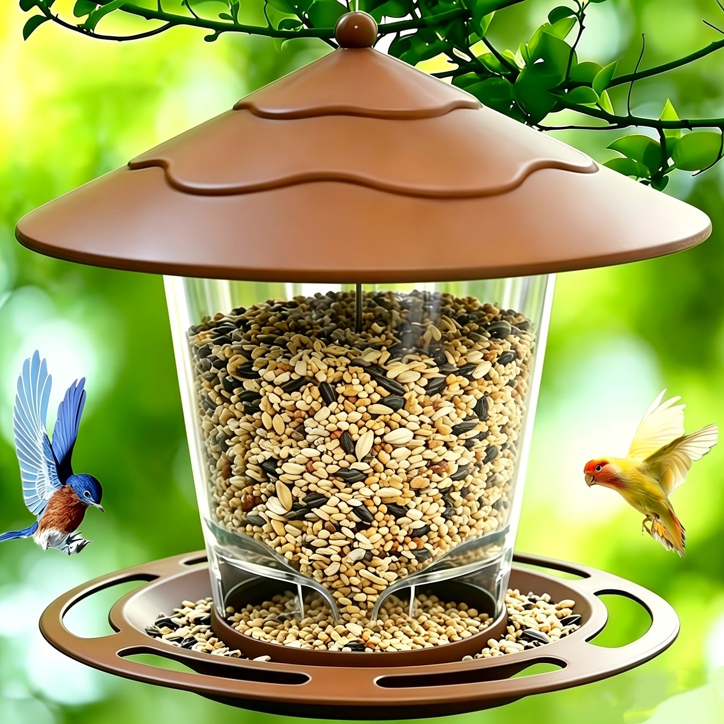 Hanging Bird Feeder with Tiered Roof, Clear Seed Chamber and Brown, Grey or Green Finish Options