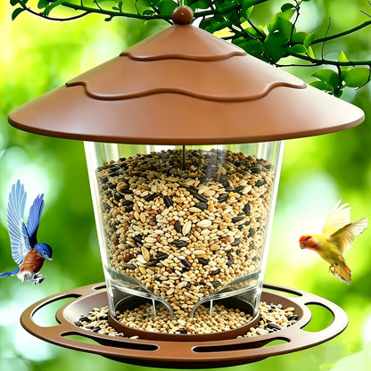 Hanging Bird Feeder with Tiered Roof, Clear Seed Chamber and Brown, Grey or Green Finish Options