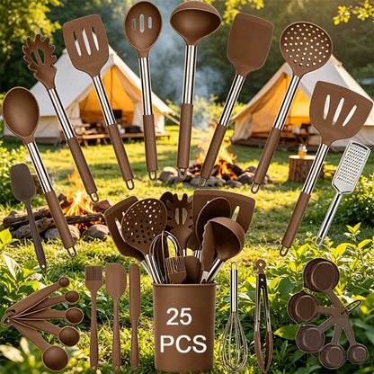 Silicone Kitchen Utensils Set 25pcs Nonstick Cooking Utensils with Stainless Steel Handle Food-Grade Silicone Spatulas Spoons Tongs Complete Kitchen Tool Set for Indoor Outdoor Cooking Grey Black Coffee