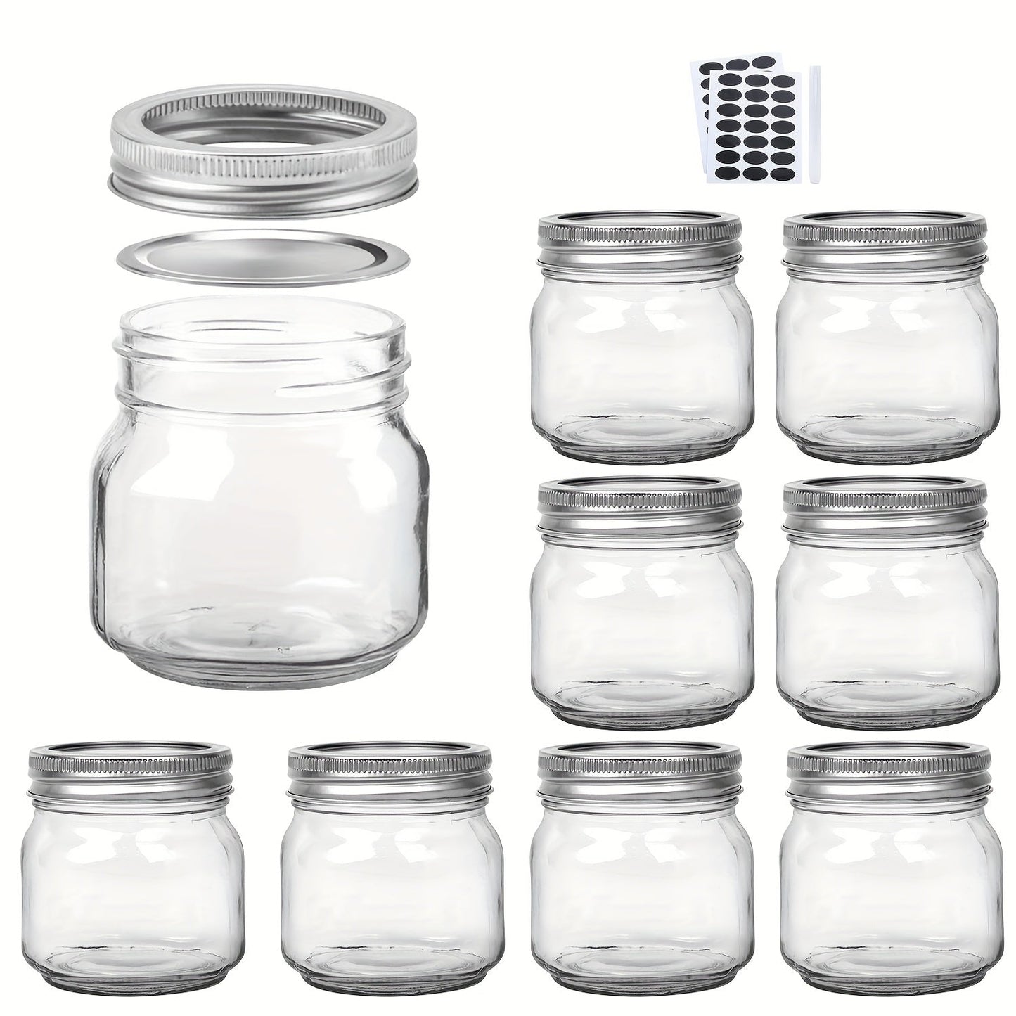 8 oz Glass Mason-Style Storage Jar Multipacks with 9, 18, 27 or 36 Jars and Four Lid Configurations